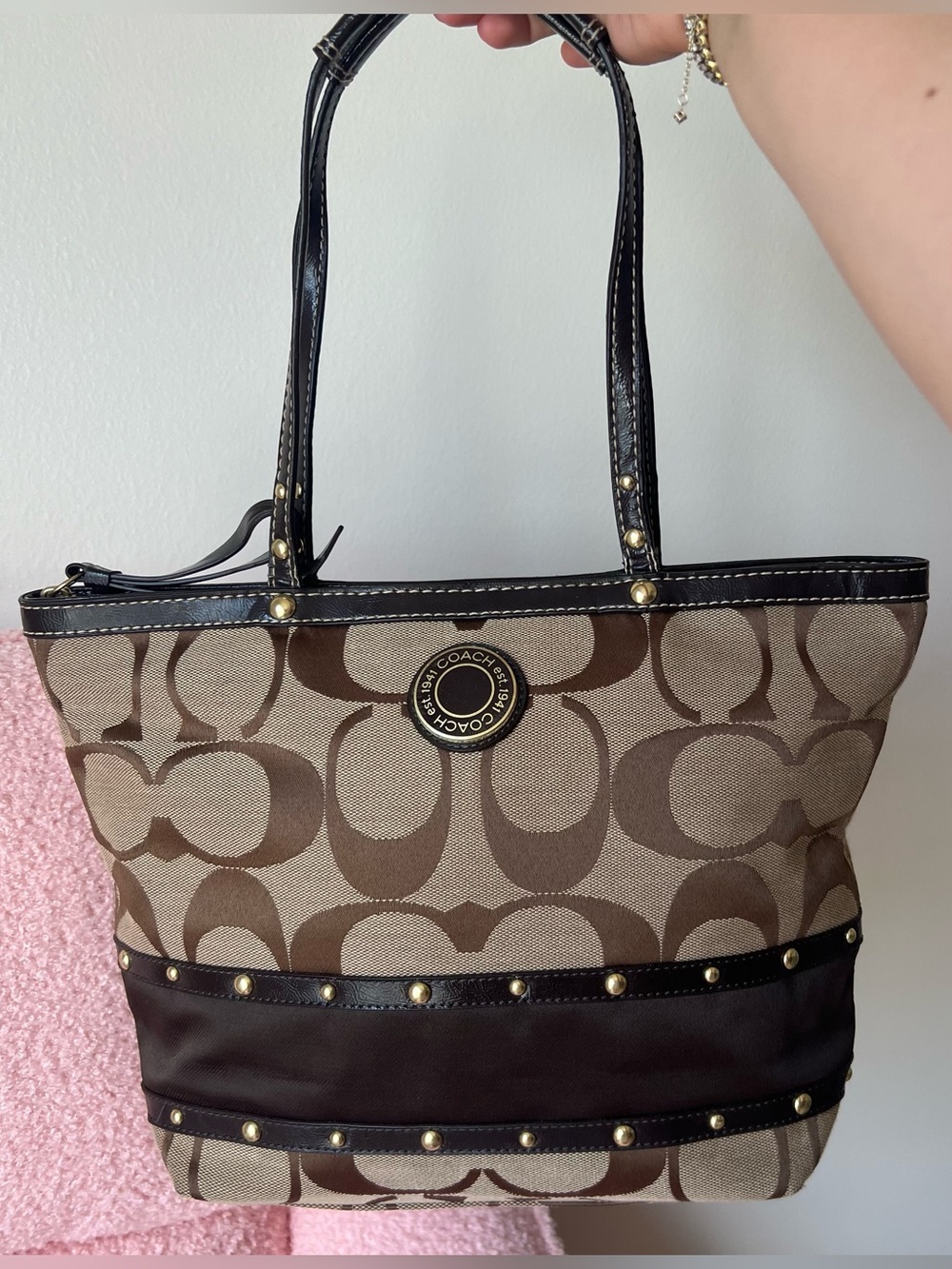 Coach Signature Stripe Studded Tote